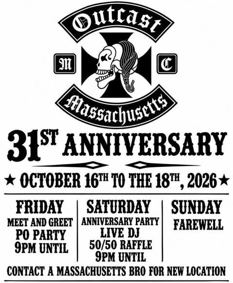 OUTCAST MC 31ST ANNIVERSARY — FRIDAY MEET AND GREET & PO PARTY flyer