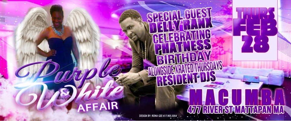 PURPLE & WHITE AFFAIR — DELLY RANX, PHATNESS BIRTHDAY flyer